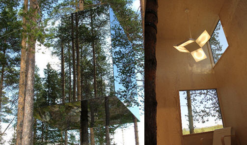 Tree Hotel - Mirrorcube exterior and interior. This will open a new browser window.