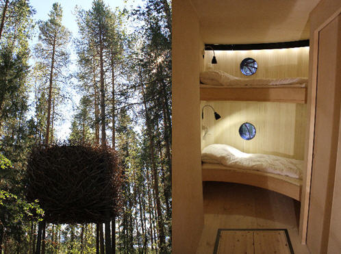 Tree hotel - Bird's Nest exterior and interior. This will open a new browser window.