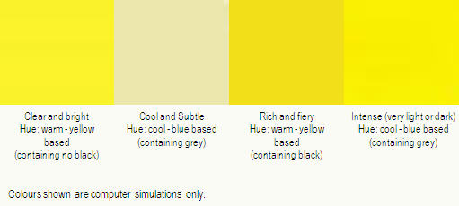 Yellow colour palette showing 'spring, summer, autumn & winter' yellows