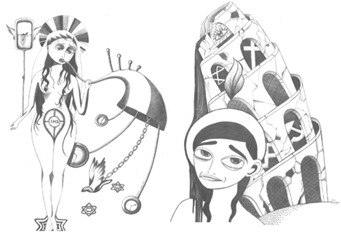 Colour in art - black and white - Artist Justyna Sowa Religious Milk series 'St Mary of the Trumpets' & 'When ideas fall'.