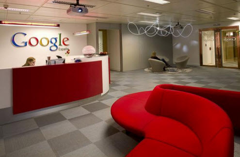 Business Interiors - how to use red to create an impact - Google Spain reception. This opens a new browser window.