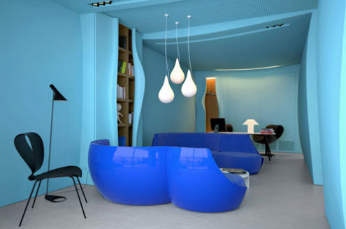 Interiors - How to use blue in the workplace - too much blue. This opens a new browser window.
