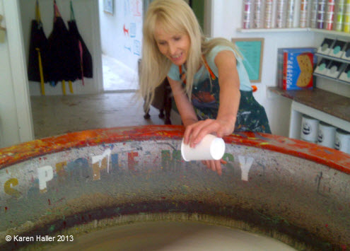 Colour Makes People Happy Blog - Splatter painting - Karen pouring paint.