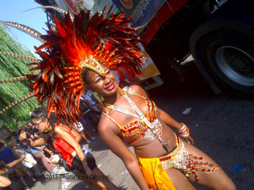 notting hill carnival karen haller 2013 orange feathered head dress.